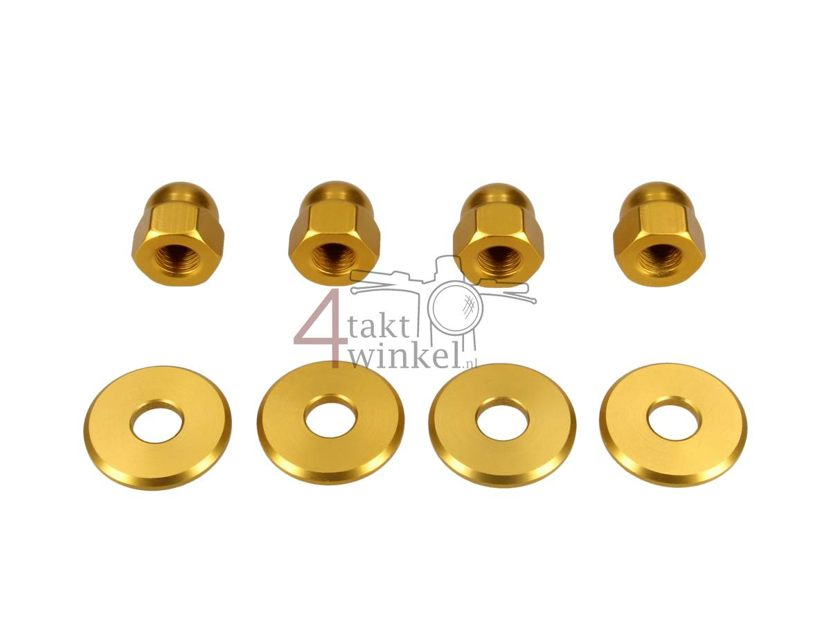 Nut cap set, m10 x 1.25 + rings, aluminum gold