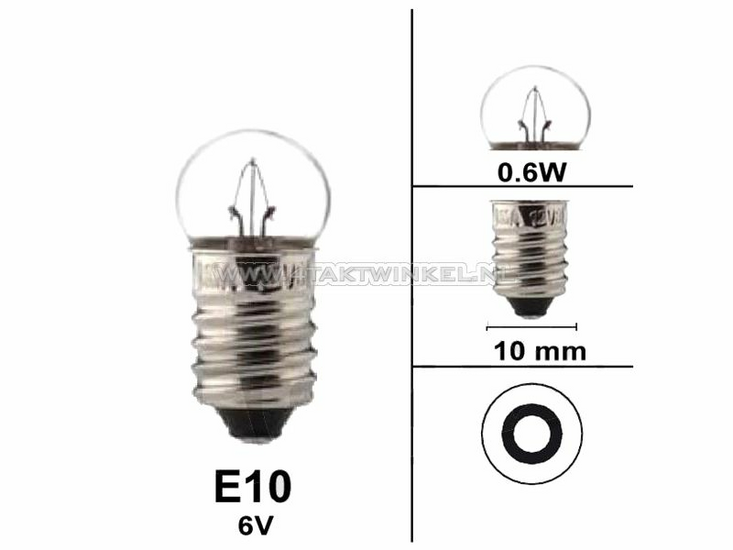 Bulb E10 screw socket, single, 6 volt, 0.6 watt