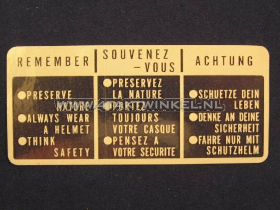 Sticker SS50 tank "remember" white in 3 languages, original Honda