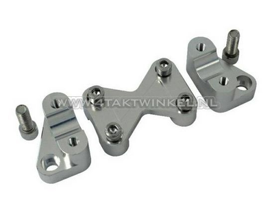 Handlebar clamps / risers, universal, with offset and bridge, silver