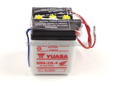 Battery 6 volt 4 ampere, C50, CB50, acid battery, Yuasa, original Honda
