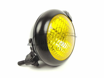 Headlight complete, universal, single mounting point, black, yellow glass