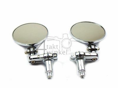 Mirror set, bar end, round, with supports, chrome